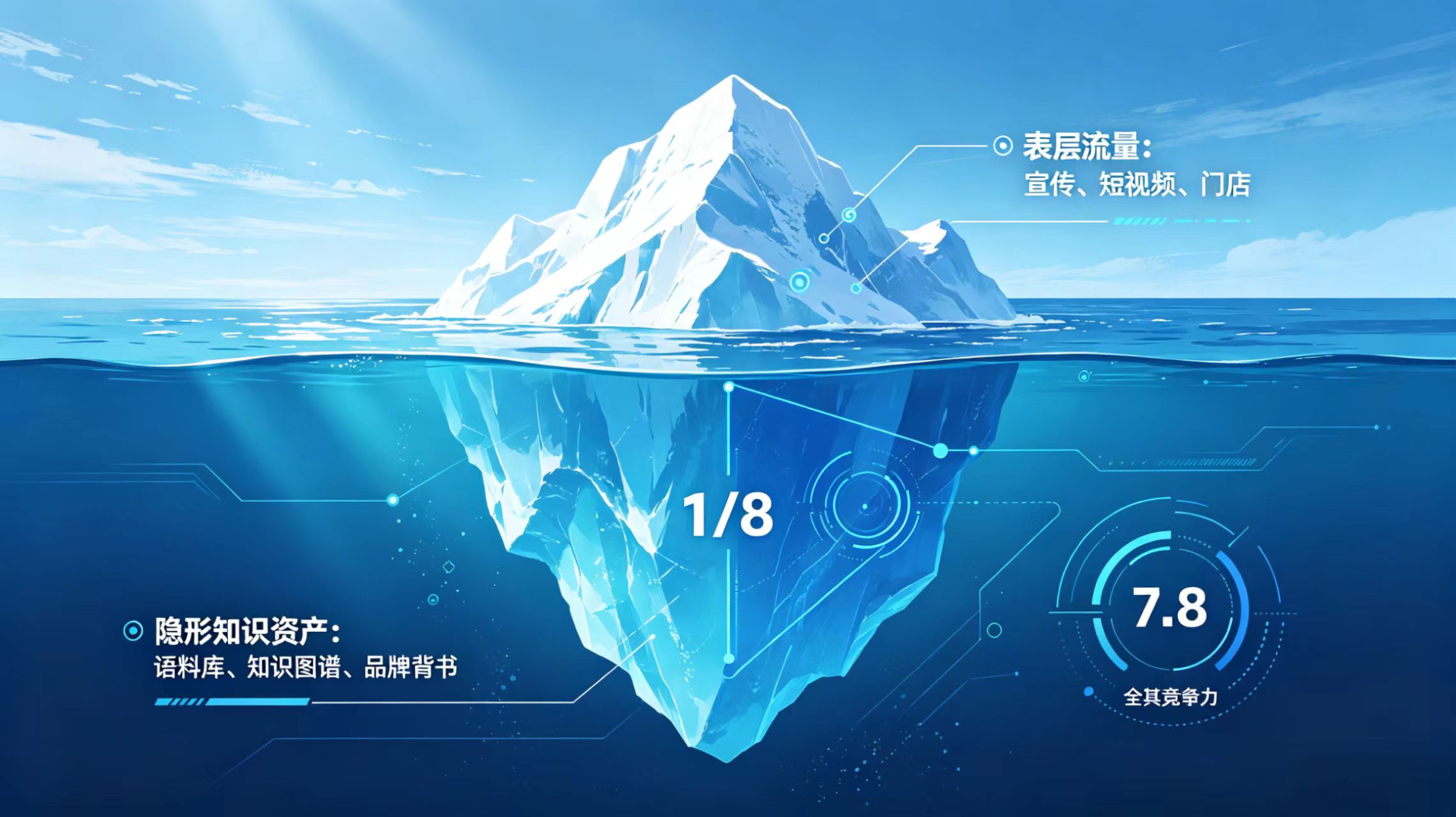 AI GEO冰山理论 - 水上12%表层流量（宣传、短视频、门店）vs 水下88%隐形知识资产（语料库、知识图谱、品牌背书）